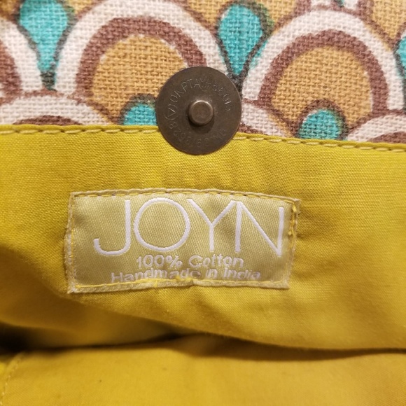 JOYN Cotton Tote Arch Print Brown Leather Yellow Green Shoulder Bag Lined Pocket - Picture 4 of 14